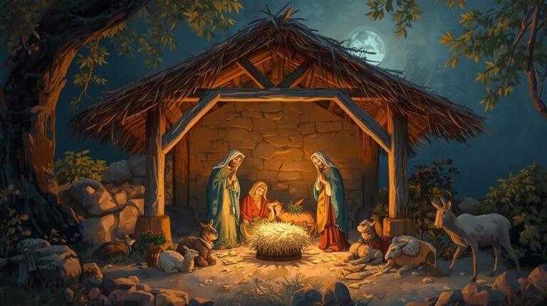 Nativity scene depicting Mary, Joseph, and baby Jesus surrounded by animals in a rustic stable under a moonlit sky, symbolizing the Christmas story.
