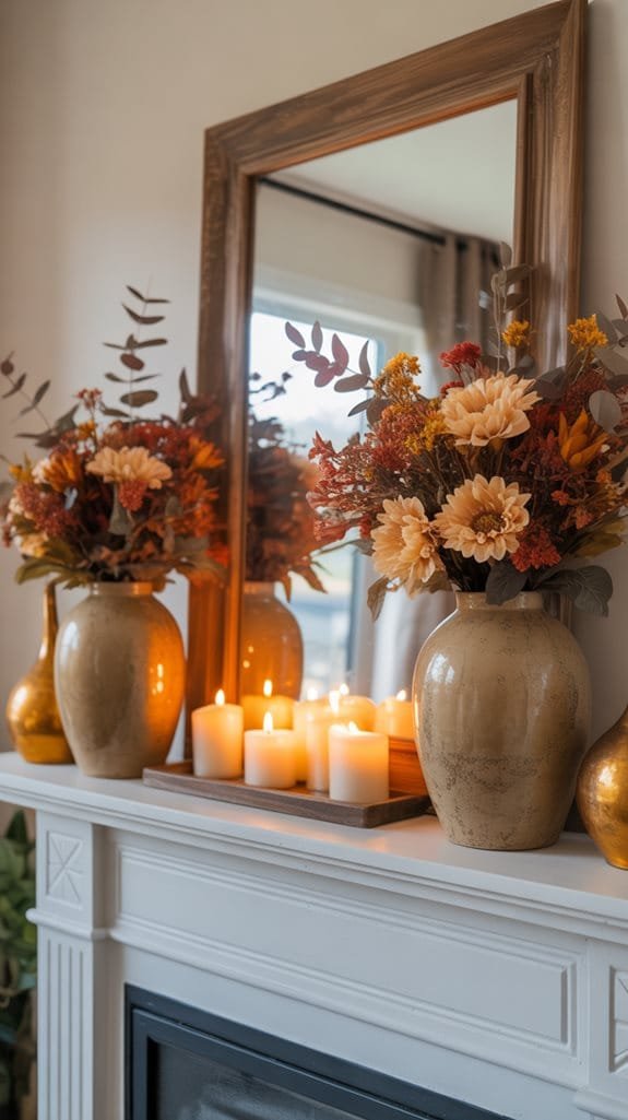 symmetrical autumn mantel decor