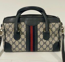 Vintage Authentic Gucci Supreme Canvas Boston Bag RedNavy Stripe Leather Rare