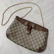 Vintage GUCCI Shearling Line GG PVC Shoulder Bag Brown Beige Leather Strap