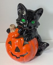 Vintage Hand Made Halloween Cat Pumpkin With Cut Outs Ceramic 11 Inch tall