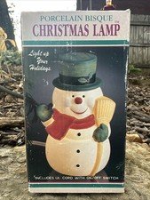 Vintage Porcelain Bisque Snowman Christmas Lamp, 6" Tall, Original Box, Works