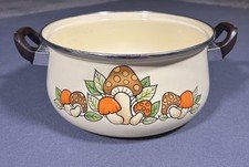 Vintage Retro Mushroom Print Enamel Soup Stock Pot Cream Orange Brown *READ*