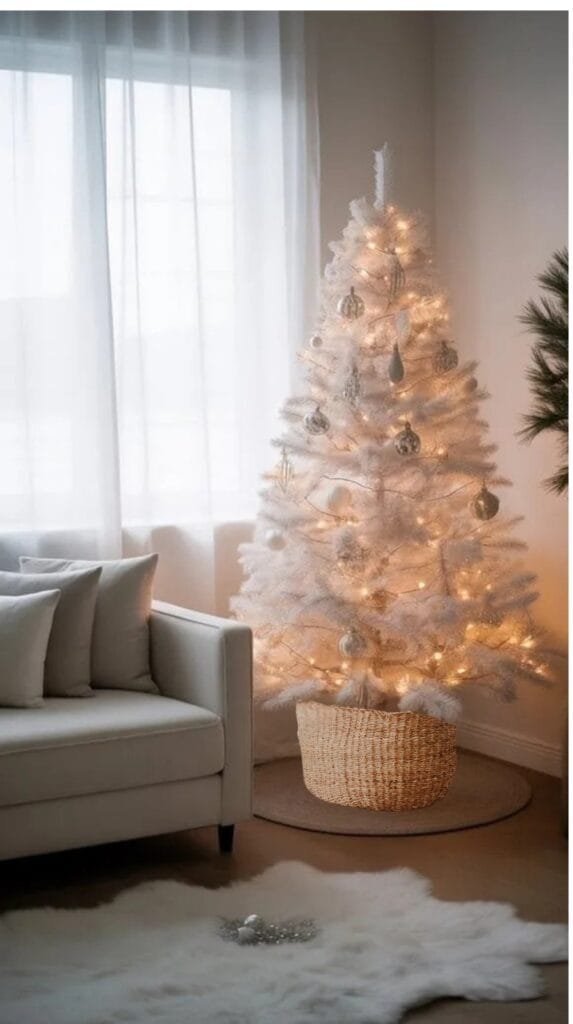 Cozy living room featuring a beautifully decorated white Christmas tree with lights, surrounded by modern furniture and soft textures for a festive atmosphere.