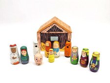 Wood Nativity Set Miniature Christmas Scene Stable Box Nesting Dolls 12pc Set