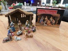 11 Piece Porcelain Nativity Set Figurines with Stable Creche Christmas Box Scene