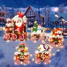 5 Pcs Christmas Decorations Outdoor Lighted up Xmas Yard Elf Snowman Train Set