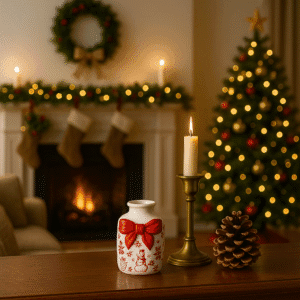 Cozy holiday scene featuring a decorated fireplace, Christmas tree, candle, and festive vase with a snowman design, creating a warm atmosphere.