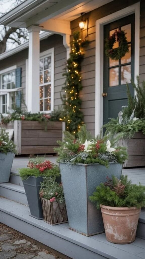 Charming front porch decorated with festive planters, greenery, and warm lights, creating a cozy holiday atmosphere for welcoming guests.