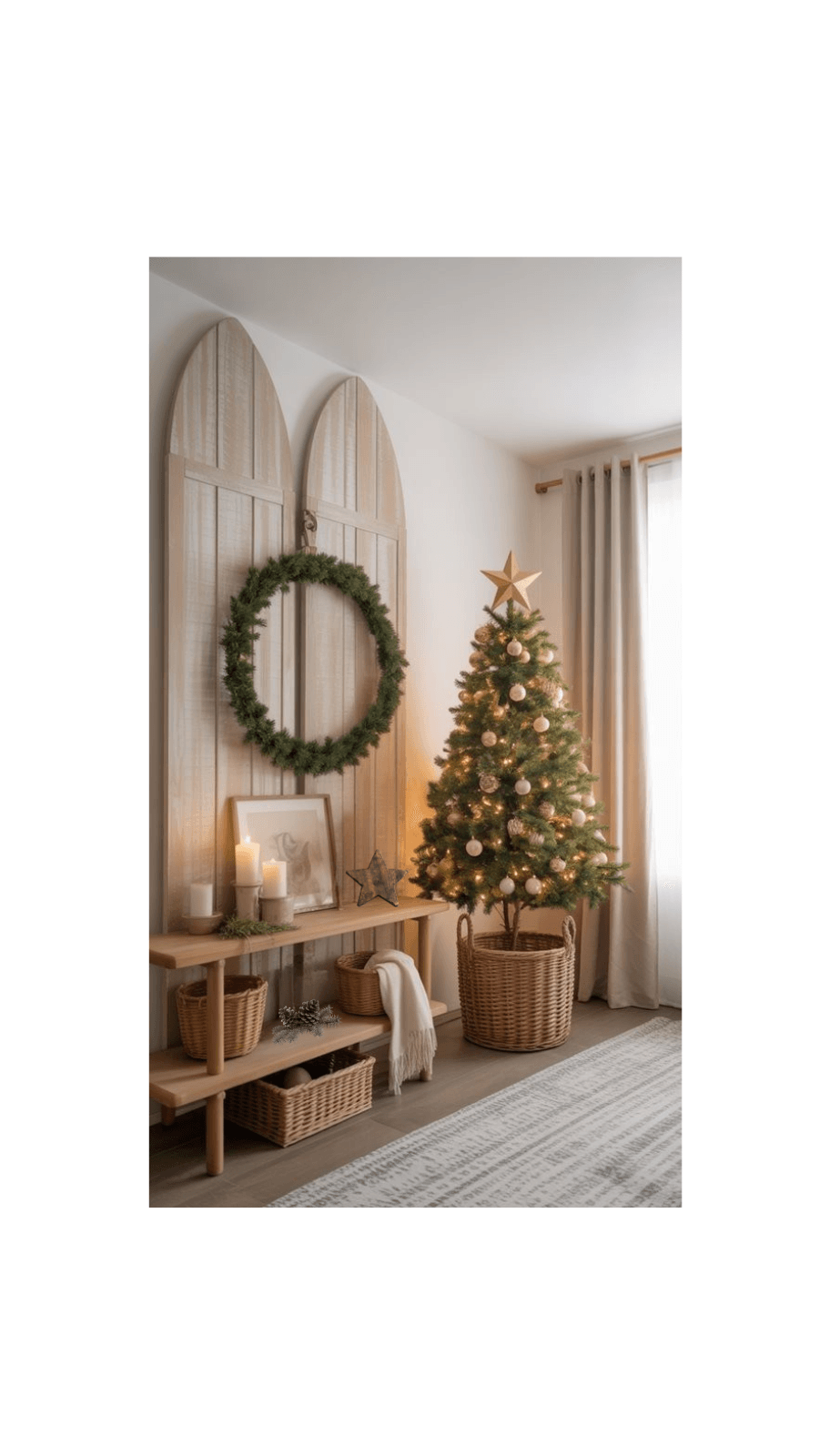 Cozy holiday living room featuring a beautifully decorated Christmas tree, wreath, candles, and natural decor elements for a warm festive atmosphere.
