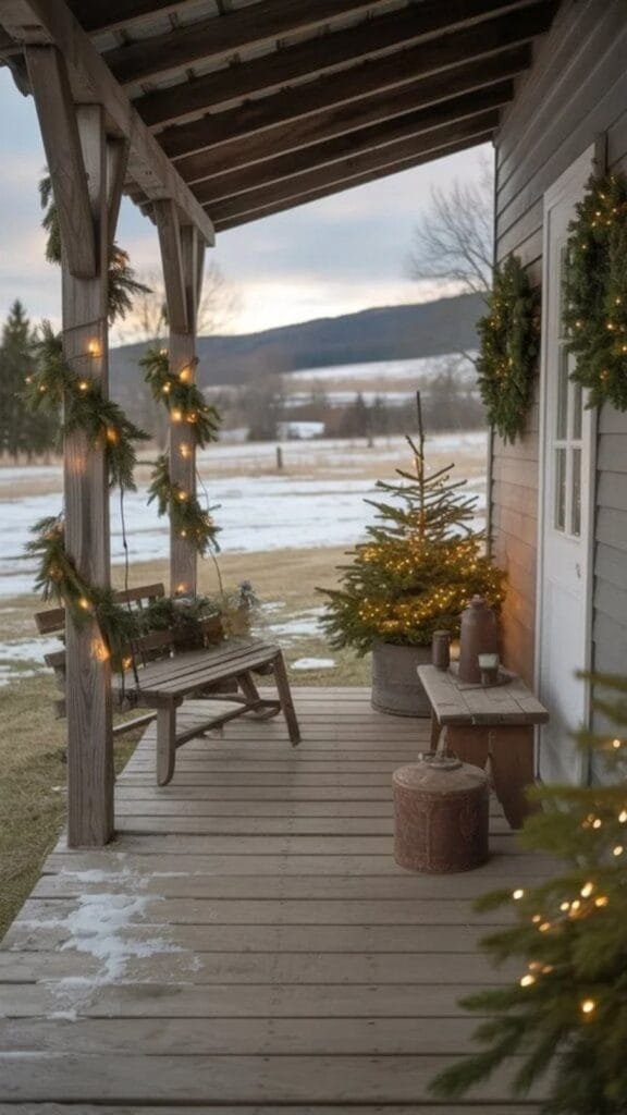 Cozy porch decorated for Christmas with garlands, twinkling lights, and a small tree, surrounded by a winter landscape and snow-covered ground.