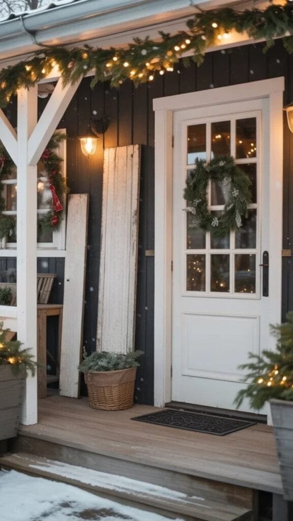 Cozy winter entrance featuring a white door, festive wreath, wooden decor, and snow-dusted porch with holiday lights and greenery. Perfect for seasonal decor inspiration.