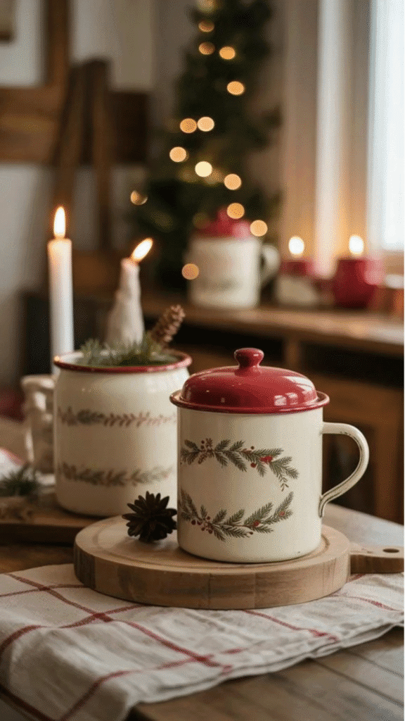 Cozy holiday scene featuring decorative ceramic jars with red lids, candles, and a Christmas tree, perfect for festive home decor inspiration.
