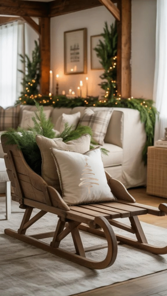 Cozy holiday living room featuring a wooden sled with decorative pillows and greenery, creating a warm and inviting atmosphere for winter celebrations.