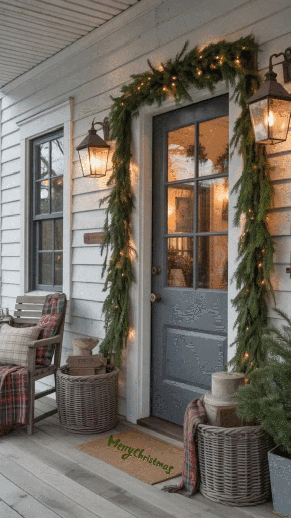 Cozy Christmas entrance with greenery, warm lights, a festive welcome mat, and rustic decor, creating a welcoming holiday atmosphere.
