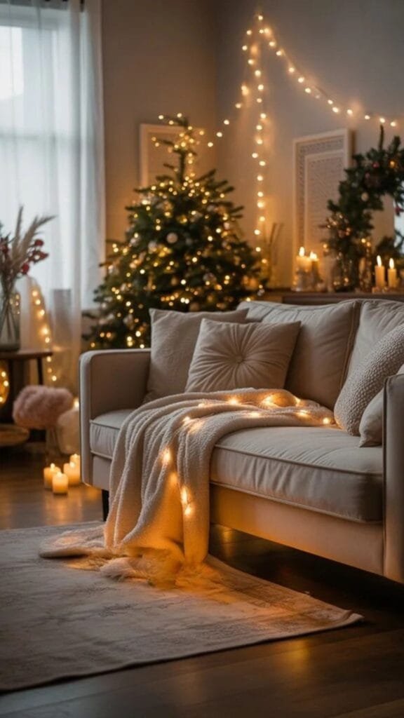 Cozy living room adorned with Christmas lights, a plush sofa, and festive decorations, creating a warm and inviting holiday atmosphere.