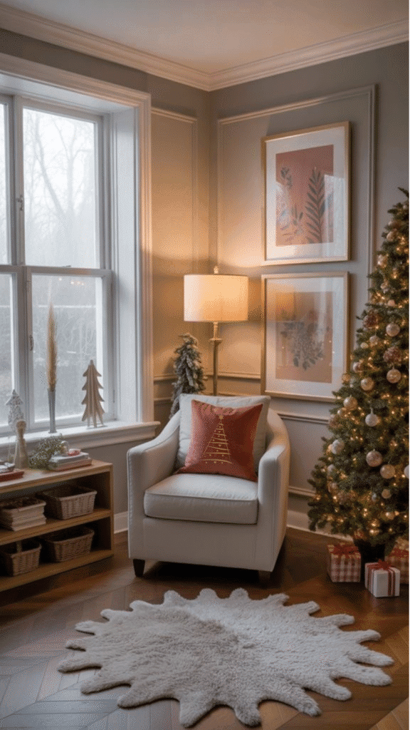 Cozy holiday living room featuring a decorated Christmas tree, comfortable armchair, and festive decor, creating a warm and inviting atmosphere.