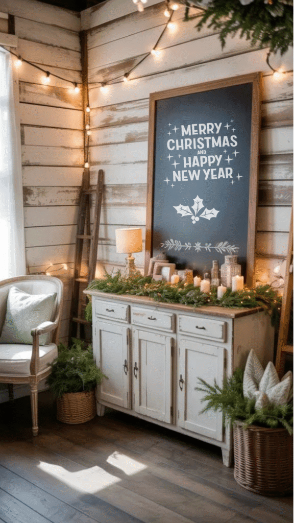 Cozy holiday decor featuring a chalkboard with a festive message, surrounded by candles, greenery, and warm lighting in a rustic living room setting.