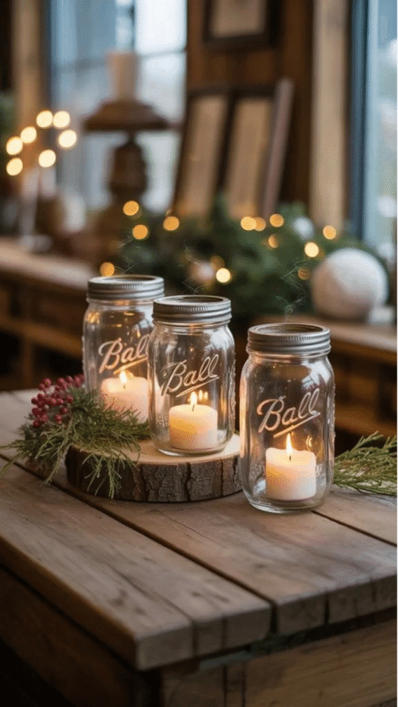 Three Ball mason jars with candles on a rustic wooden table, surrounded by greenery, creating a cozy and inviting atmosphere in a warm setting.