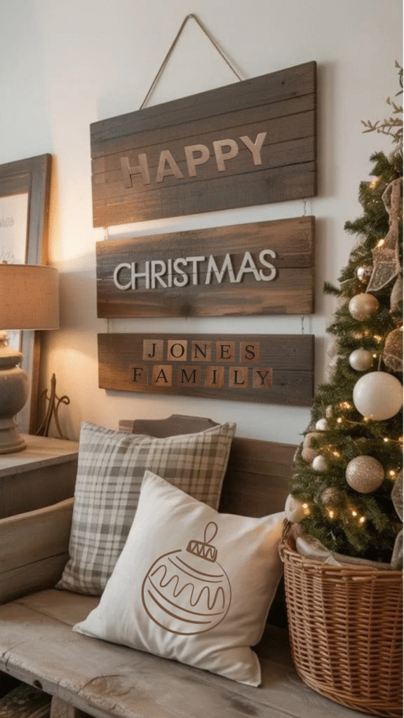 Cozy holiday decor featuring a wooden sign saying "Happy Christmas," personalized for the Jones family, with festive pillows and a decorated tree.