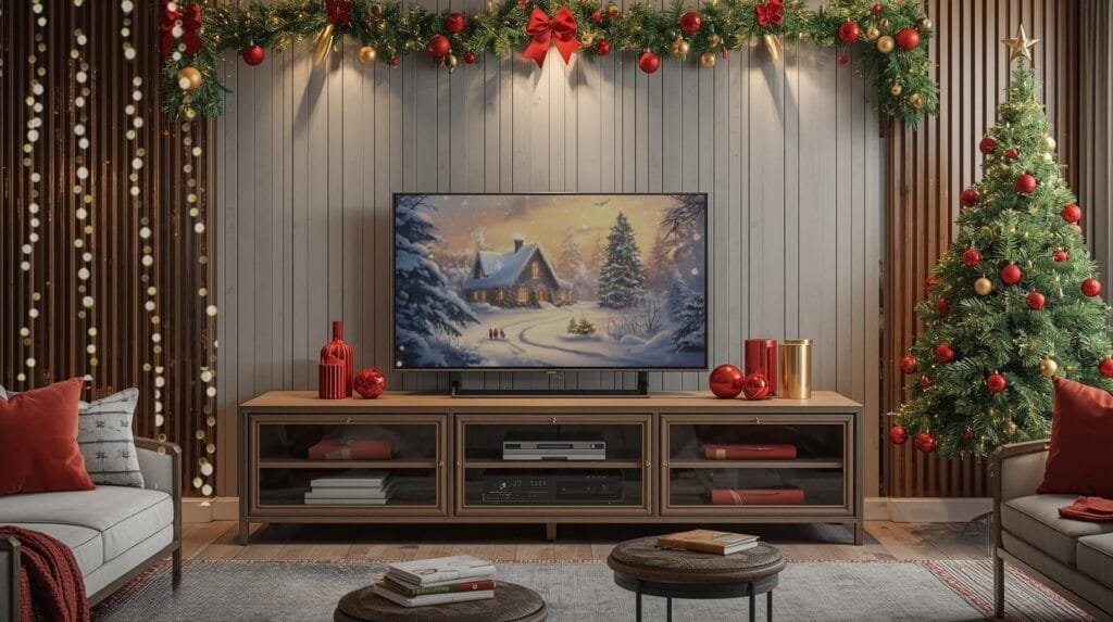 Cozy living room decorated for Christmas, featuring a TV displaying a winter scene, a Christmas tree, and festive ornaments.