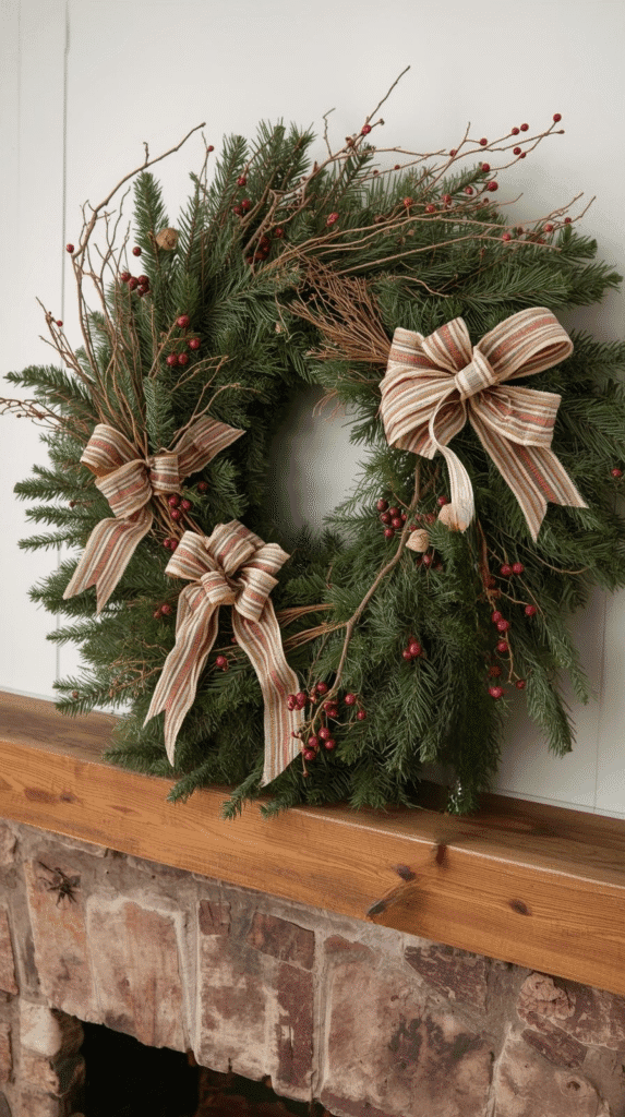 A festive evergreen wreath adorned with red berries and striped bows, perfect for holiday home decor, displayed on a rustic wooden mantel.