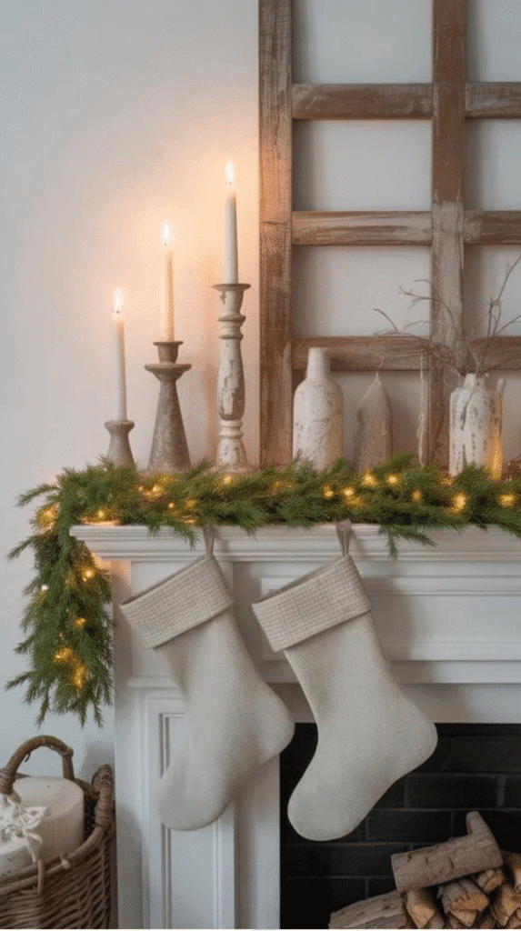 Cozy holiday fireplace adorned with white candles, festive greenery, and knitted stockings, creating a warm and inviting Christmas atmosphere.