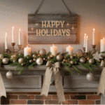 Festive holiday mantel decor featuring candles, ornaments, and greenery, with a "Happy Holidays" sign creating a warm, inviting atmosphere.