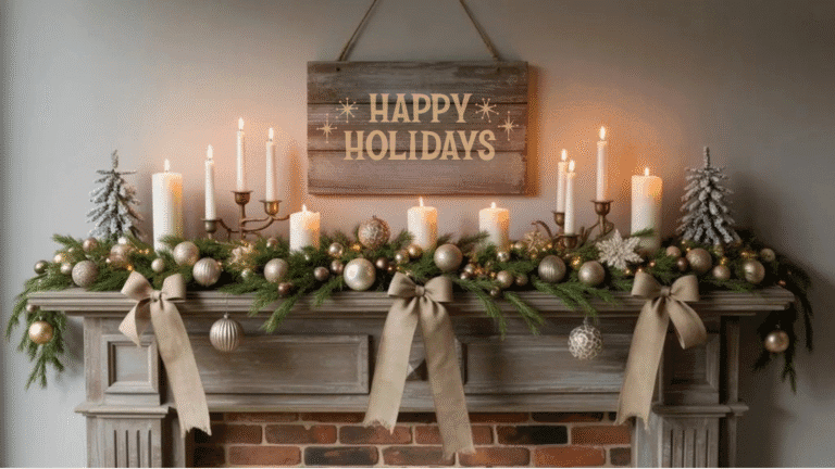 Festive holiday mantel decor featuring candles, ornaments, and greenery, with a "Happy Holidays" sign creating a warm, inviting atmosphere.