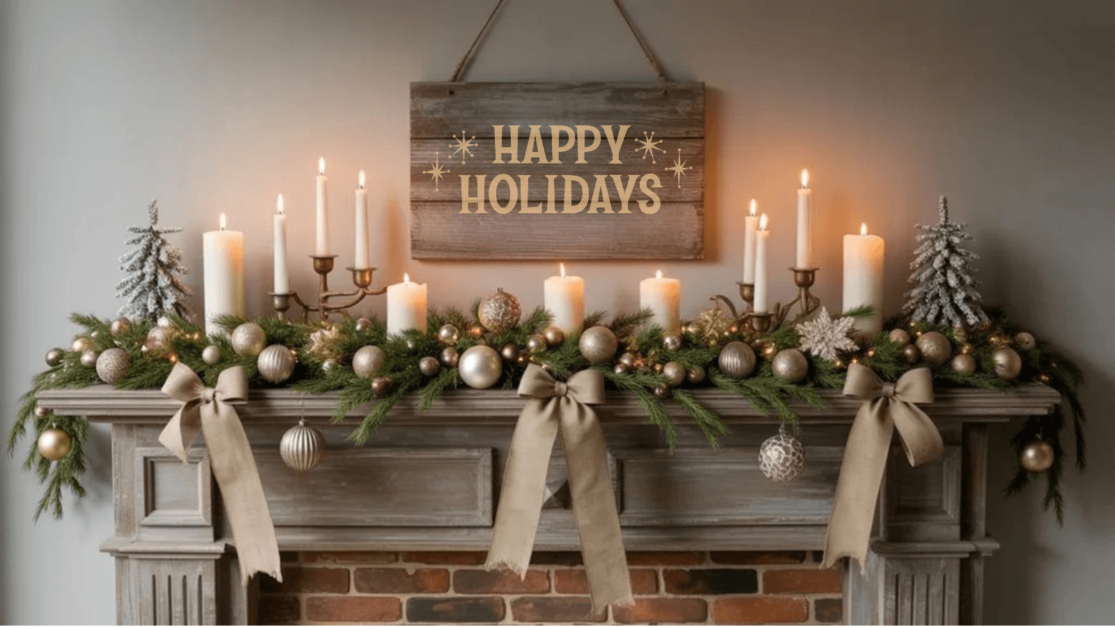 Festive holiday mantel decor featuring candles, ornaments, and greenery, with a "Happy Holidays" sign creating a warm, inviting atmosphere.