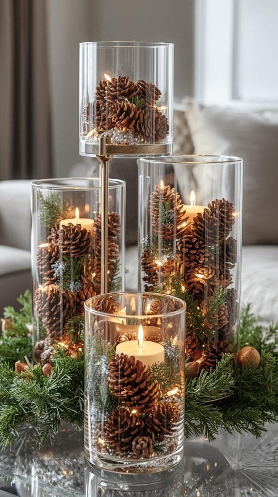 Elegant holiday centerpiece featuring glass vases filled with pinecones, candles, and greenery, creating a warm and inviting atmosphere for festive gatherings.