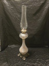 Antique E. M. & Co Oil Lamp. Gold Floral Design. Opaque Frosted Glass. Rare !