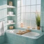 Bright turquoise bathroom with a soaking tub, natural decor, white towels, and a window showcasing greenery, creating a serene and inviting atmosphere.