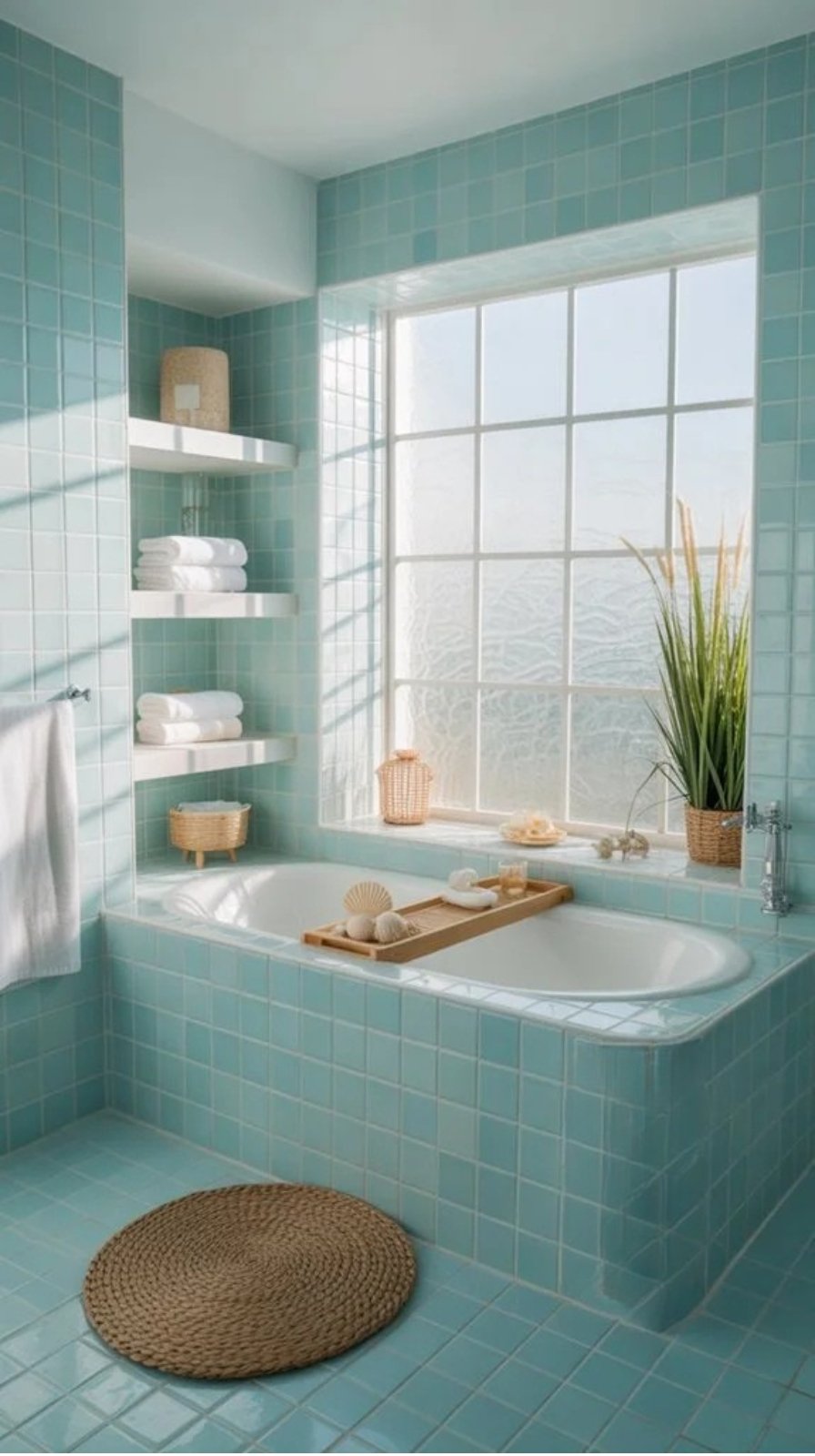 Bright turquoise bathroom with a soaking tub, natural decor, white towels, and a window showcasing greenery, creating a serene and inviting atmosphere.