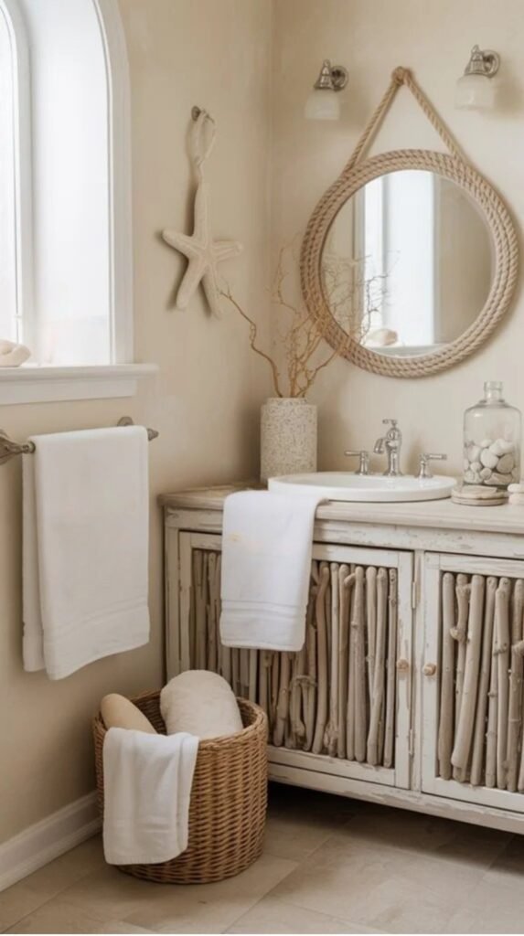 Cozy bathroom featuring a rustic vanity, white towels, decorative starfish, and natural elements for a serene coastal vibe.