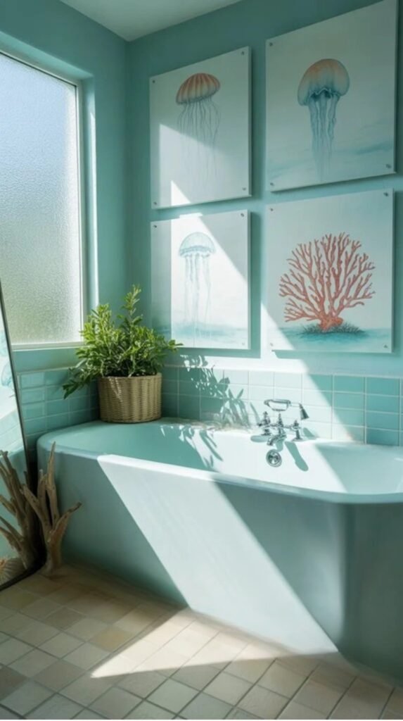 Bright bathroom featuring jellyfish and coral artwork, a green bathtub, indoor plants, and natural light streaming through a window.
