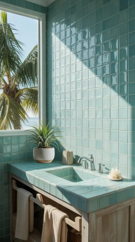 Bright bathroom with teal tiles, natural light, and a potted plant, creating a serene coastal atmosphere. Perfect for relaxation and tranquility.