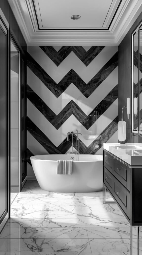 Modern bathroom featuring a freestanding tub, chevron patterned wall, and marble flooring, showcasing a stylish and elegant design. Ideal for luxury home decor inspiration.