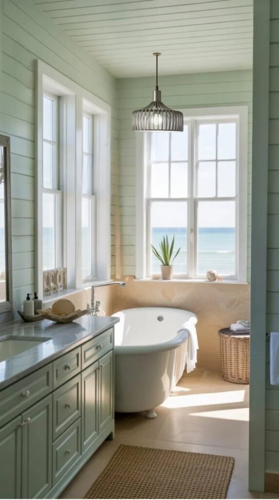 Bright coastal bathroom featuring a freestanding bathtub, green cabinetry, and large windows with ocean views, creating a serene and relaxing atmosphere.