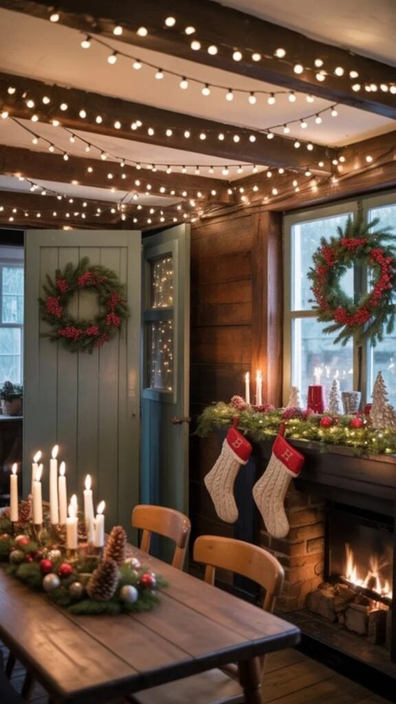 Cozy Christmas living room decorated with garlands, stockings, candles, and fairy lights, creating a warm, festive atmosphere for holiday gatherings.