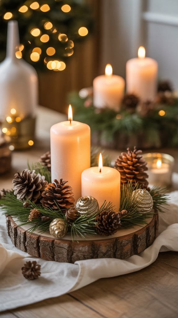 elegant candle and pine arrangements