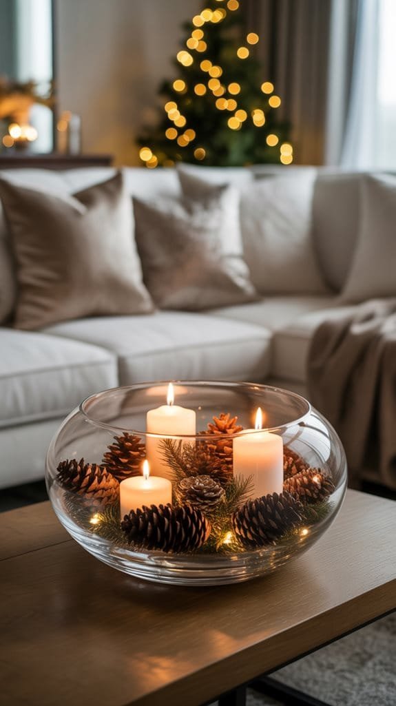 gilded pinecones and candles