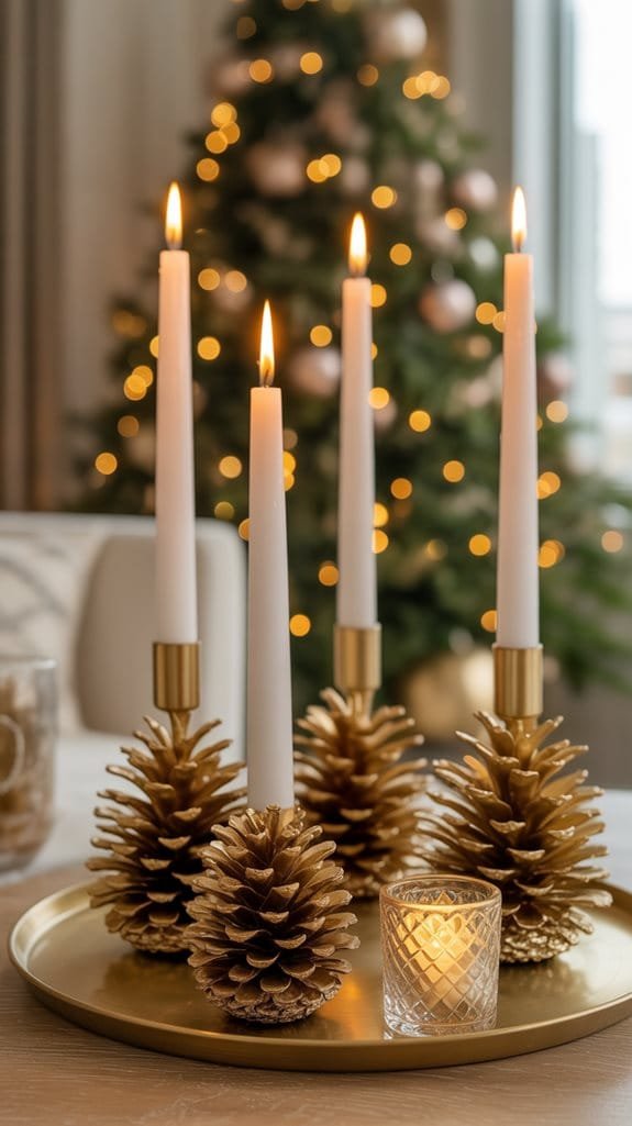 gold dusted pinecone candle holders