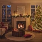 Cozy holiday living room featuring a decorated Christmas tree, warm fireplace, and festive decor, creating a welcoming atmosphere for winter celebrations.