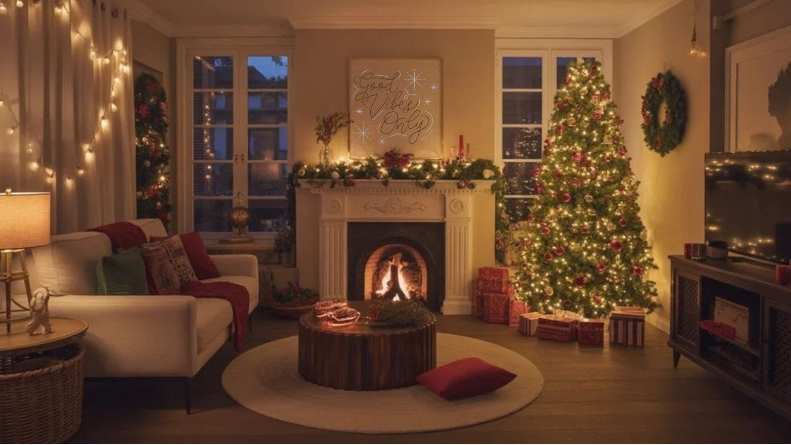 Cozy holiday living room featuring a decorated Christmas tree, warm fireplace, and festive decor, creating a welcoming atmosphere for winter celebrations.