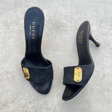 Gucci | Authentic Vintage GG Monogram Gold Hardware Tag Canvas Leather Mules(36)