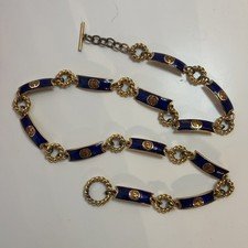 Gucci Vintage Belt Blue Enamel Gold Tone Link Chain Metal Italy - 34 Inch