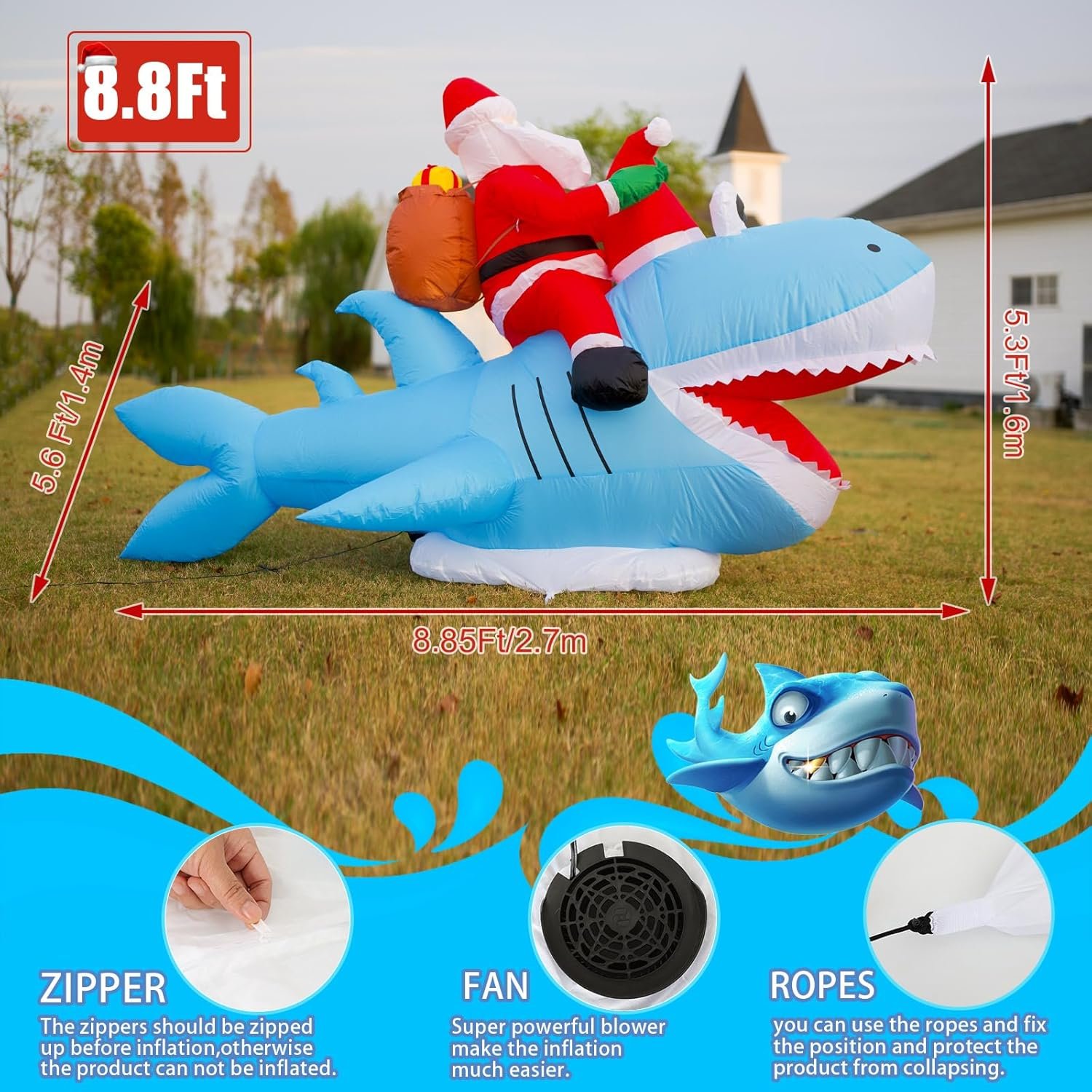 JOYHALO 8.8FT Santa Riding Shark Inflatable