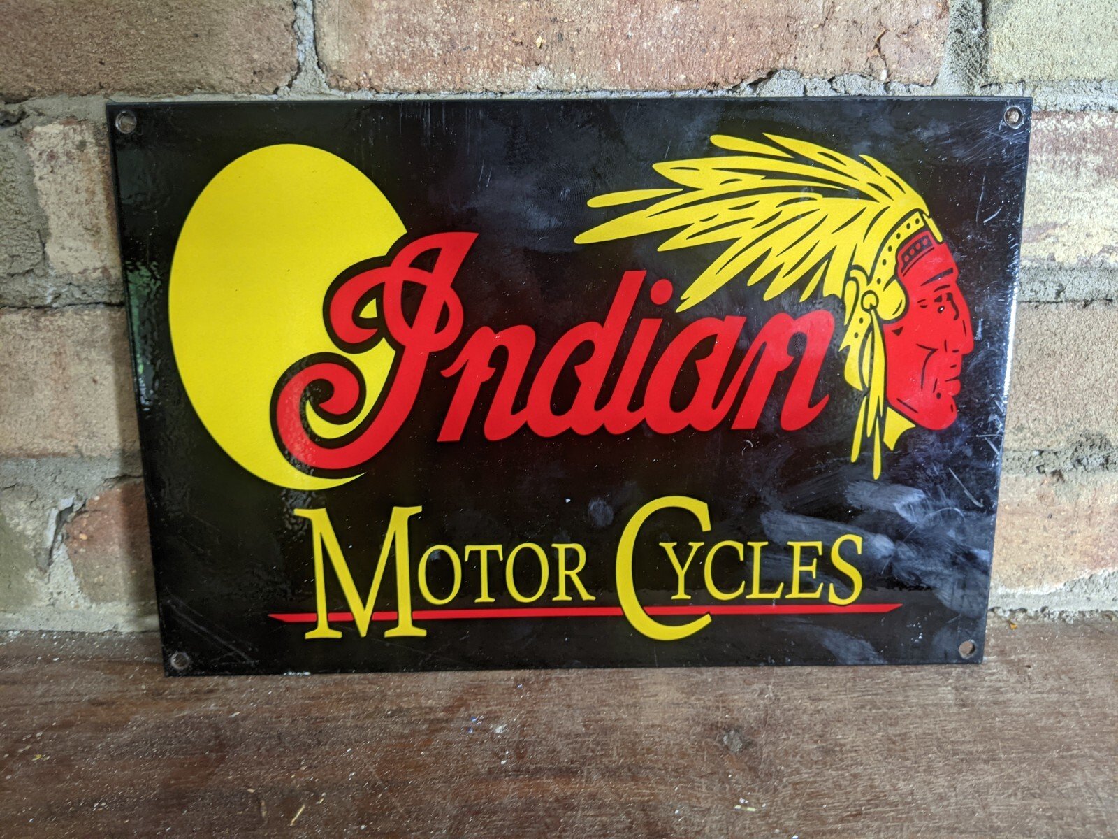 Vintage Indian Motorcycle Porcelain Sign - 12" x 8" Black
