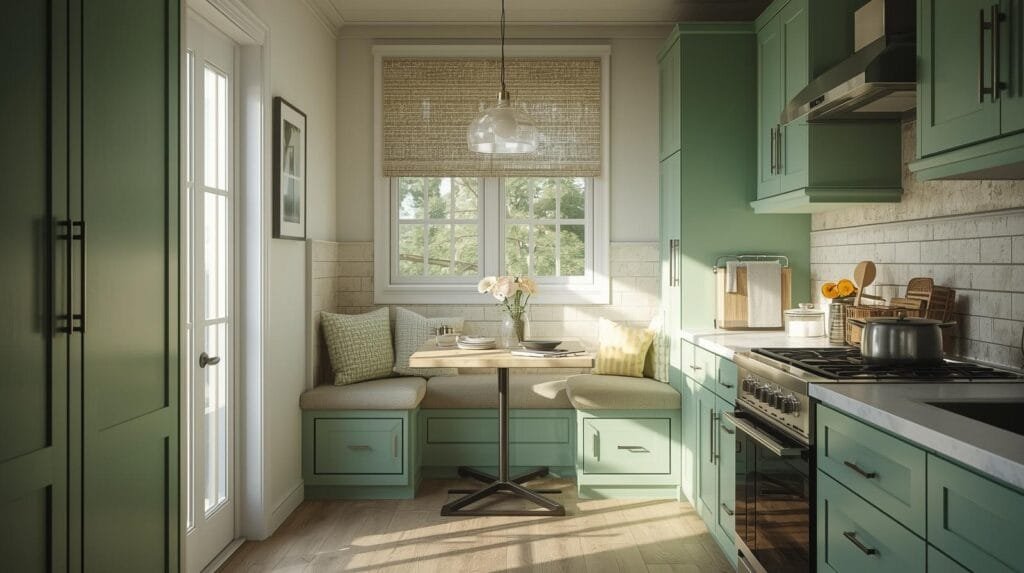 Cozy kitchen featuring teal cabinetry, a breakfast nook with cushions, natural light from windows, and modern appliances for a stylish culinary space.